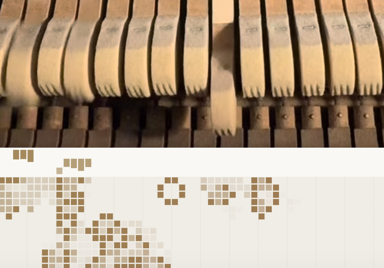 Piano hammers striking, with the seeded Game of Life pixels emerging below in a warm palette.